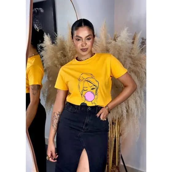 Camiseta t-shirt amarela Boneca 100% Algodão confortável