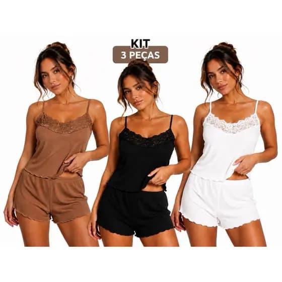 Kit com 3 Pijamas Femininos Verão | Short Doll Canelado com Renda
