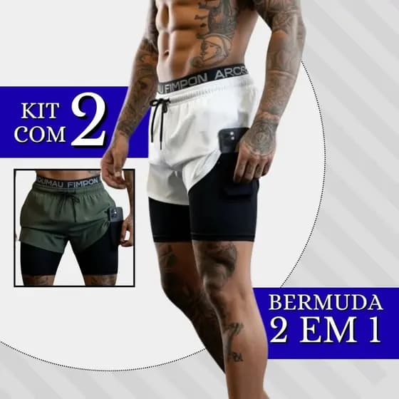 Kit 2 Shorts Masculino Bermuda 2 em 1 Para Academia Treino Bolso Extra para Celular