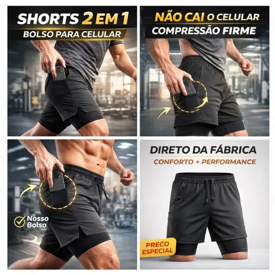 Shorts 2 Em 1 Masculino Academia Compressão Bolso Celular Dry Fit