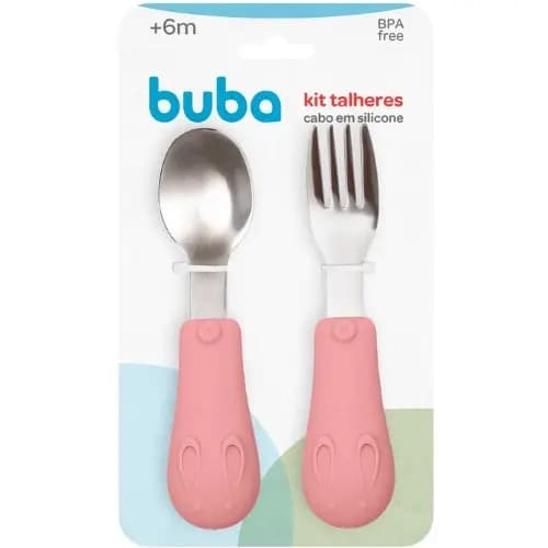 Kit Talheres Buba De Aço Cabo Em Silicone Infantil Colher + Garfo Refeição Introdução Alimentar Bebê