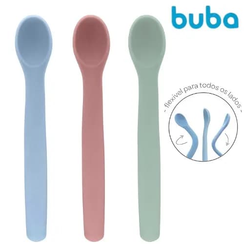 Colher Flexível Em Silicone Buba Super Macia Bebê Introdução Alimentar Infantil Talher Alimentação.