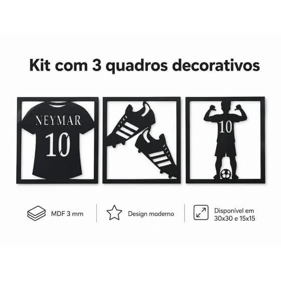 Kit 3 Quadros Decorativos Futebol MDF Camisa Bola Chuteira 30x30 15x15 Quarto Infantil Gamer