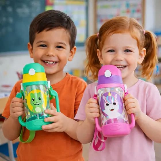 Garrafa Squeeze Água Infantil Escolar 400ml Com Canudo Silicone Alça Dupla Antivazamento