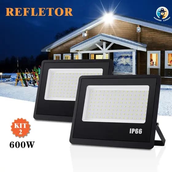 Kit 2 Refletor Super LED 600W Holofote Bivolt Luz Frio 6500K IP66 Alta Eficiência Alcance 15m