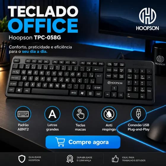 Teclado Office Hoopson Profissional com Letras Grandes – Ideal p/ Escritório e Leitura Fácil