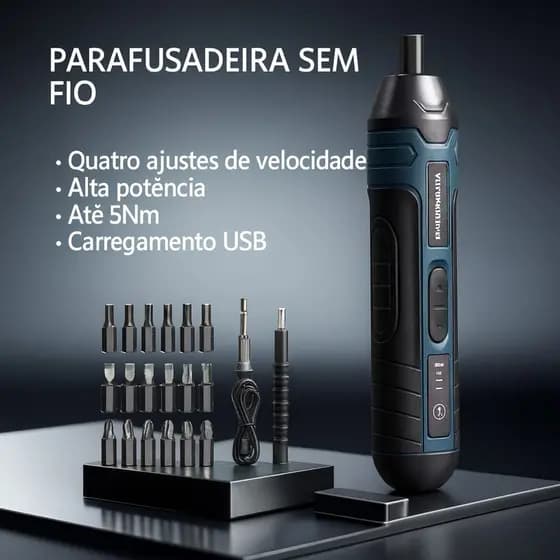 Parafusadeira Elétrica Recarregável com LED + Kit de Pontas 4 Velocidades 1300mAh USB – Preta e Azul