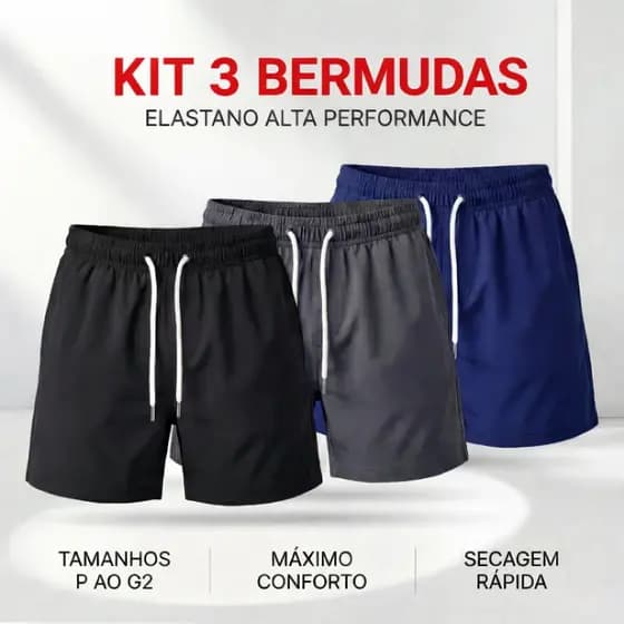 Roupa Masculina: Kit 3 Short Masculino Mauricinho - Bermuda Masculina Tactel Elastano Praia P ao G2