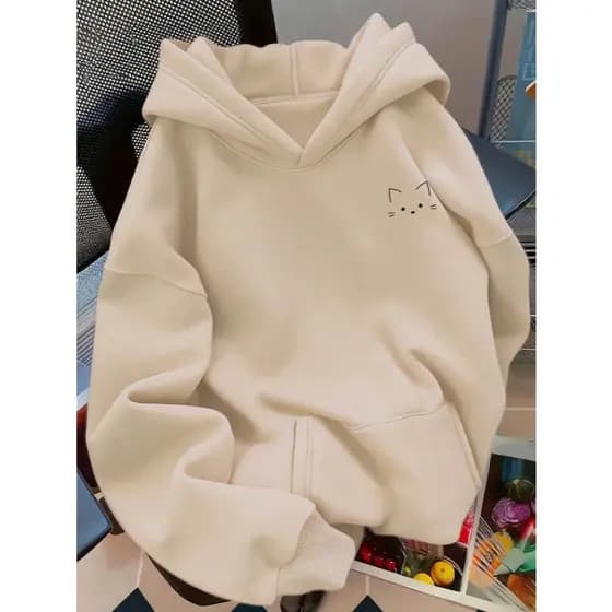 Moletom com Capuz Feminino, Estampa Criativa Minimalista de Gato Fofo no Peito, Moda Bonita e Confortável