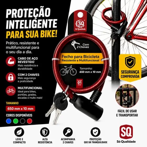 Cadeado Bike Reforçado Cabo Aço Com Chave Multifuncional Anti Furto Portão Moto Capacete 650mm