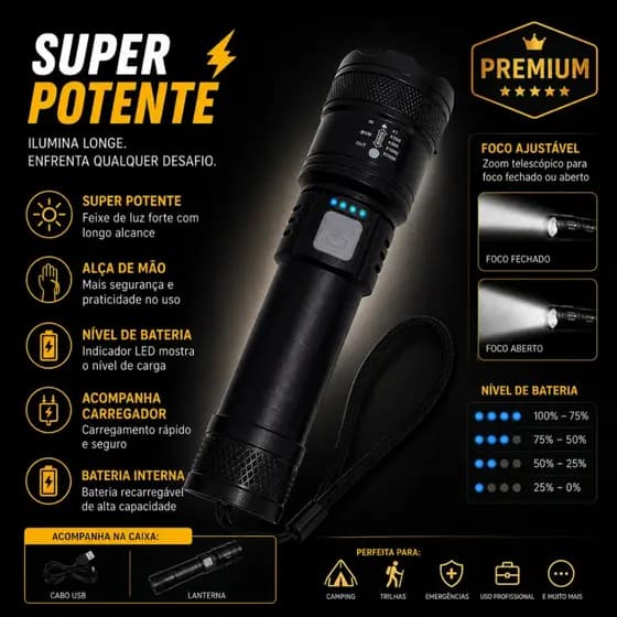Lanterna Tática Recarregável Onex Lan 7610 LED P50 1200 Lúmens Zoom USB Super Potente 100 Modos IP65 de litio