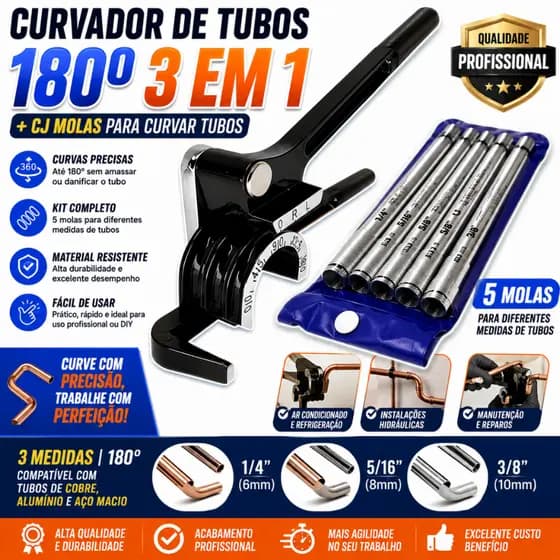 Kit Curvador De Tubos De Cobre e Alumínio 3 Em 1 180° + Conjunto de Molas Curvadoras 5 peças Refrigeração e Tubulação