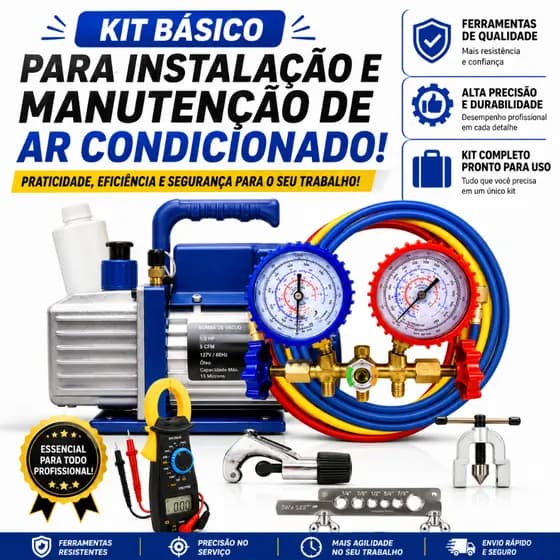 Kit Ferramentas Para Refrigeração E Ar Condicionado Split C/ Bomba De Vácuo Manifold Flangeador Amperímetro e Cortador