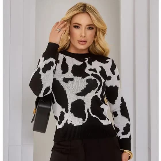 Blusa Feminina de Tricot Modal Animal Cow Print Estampa Vaca Manga Longa Moda Outono/Inverno Tricô