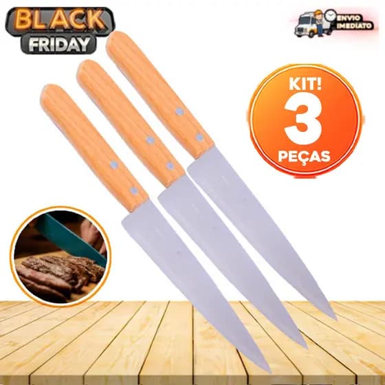 Kit 3 Facas de Cozinha 7" em Aço Inox com Cabo de Madeira – Para Cortes Gerais, Churrasco e Restaurantes