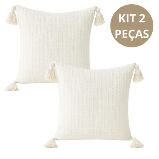 Kit 2 Capas de Almofada Boho 45x45 cm – Algodão Piquet Cru com Detalhes em Pompom