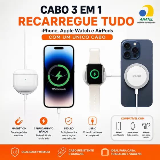 Carregador Magsafe Magnético 15w Por Indução Sem Fio Para Apple Watch, Iphone, Airpods 3x1 Relógio