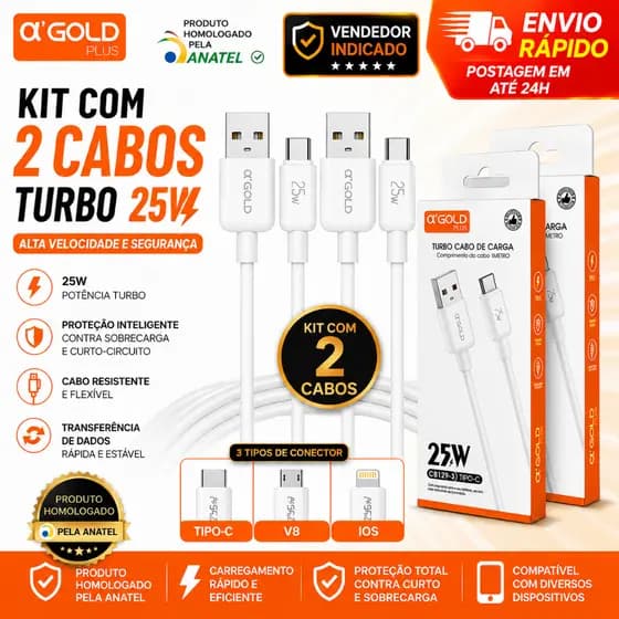 Cabo De Carregador Kit Com 2 Cabos Tipo-C/V8/Iphone 25w Premium Turbo Carga Rapida