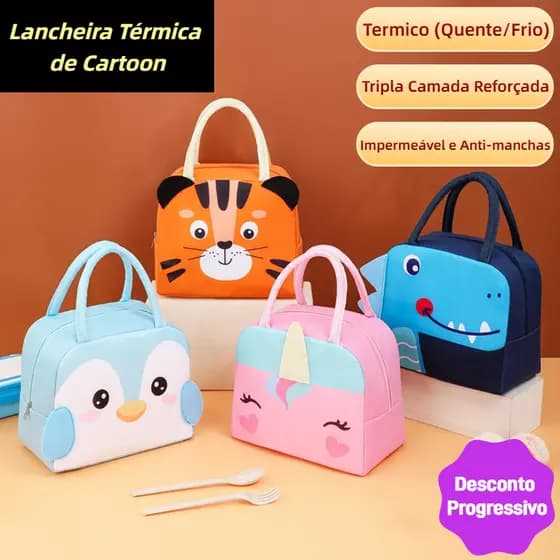 Bolsas Térmicas Infantis Lancheira Escolar e Marmita com Estampas Animais 3D