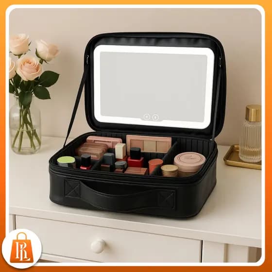 Kit Maleta Necessaire Alça Espelho com Led Portátil Maquiagem Cosméticos Porta Maquiagem Acessórios