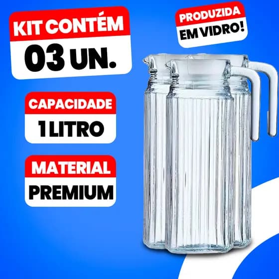 Kit 3/2/1 Jarras de Suco Água Vidro Transparente 1 Litro com Tampa