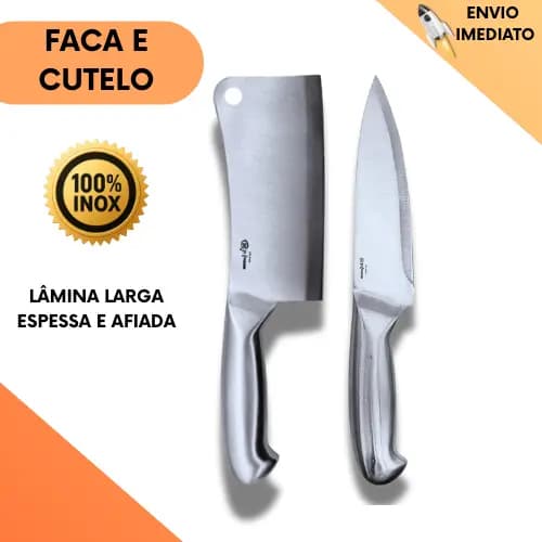 Kit 2 Peças Cutelo e Faca Profissional Resistente De Aço Inox Para Restaurante Churrasco Açougue