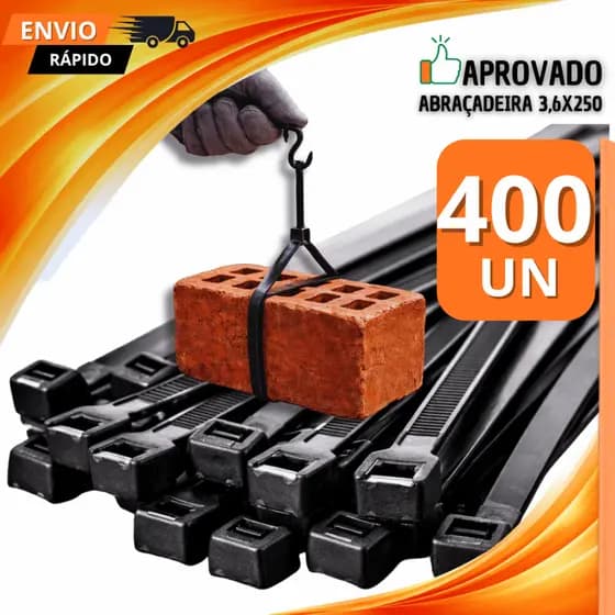 Jogo 400 Abraçadeiras Nylon Enforca Gato Preto 250mm x 3.6mm Cinta Plástica Resistente Variáveis