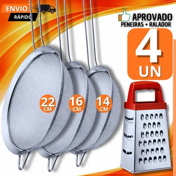 Kit 04 Peças - 3 Peneiras Coador Manual Em Aço Inox Para Cozinha 14CM 16CM 22CM + 1 Ralador 4 Faces