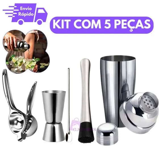 kit Caipirinha Inox Para Drinks Coquetéis Profissional Completo 5 Peças