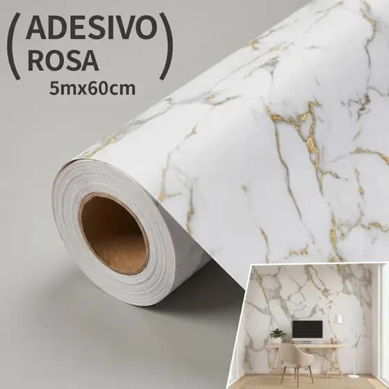Papel de Parede Mármore Dourado e Branco Autoadesivo Lavável, Decoração para Sala e Quarto