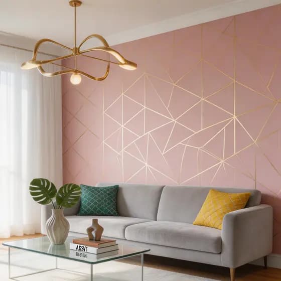 Adesivo de Parede 3D Geométrico Rosa Vermelho Dourado Estilo Luxuoso Moderno Premium Impermeável para Sala Loja5M