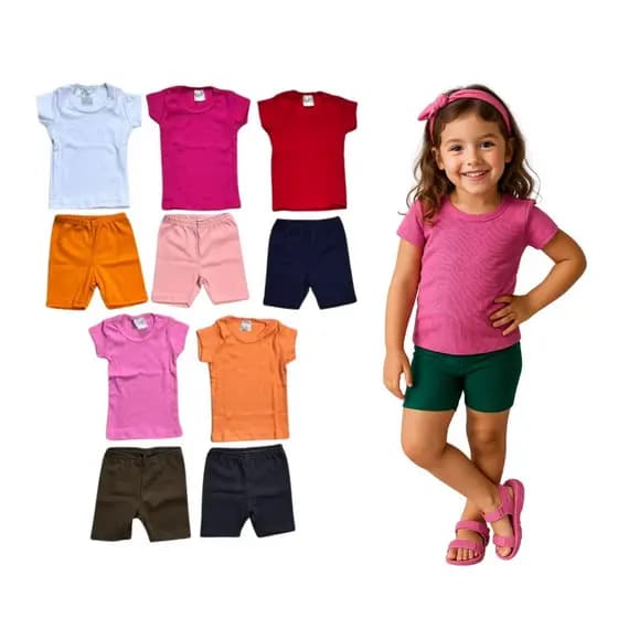 Kit 10 Peças 5 Blusas Canelada + 5 Bermudinha Ciclista Infantil Verão Menina Tamanho 1 ao 10 anos