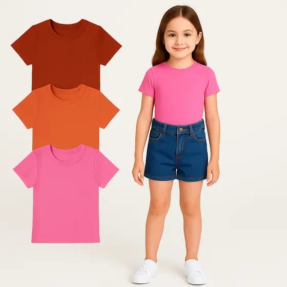 Kit com 3 Blusas Infantil Canelada Lisa Camiseta Manga Curta Menina Tamanho 01 ao 10 anos