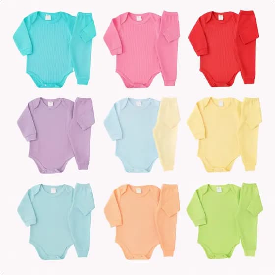 Kit 6 Peças Body Bebê CANELADO Longo Inverno 3 Body 3 Calças