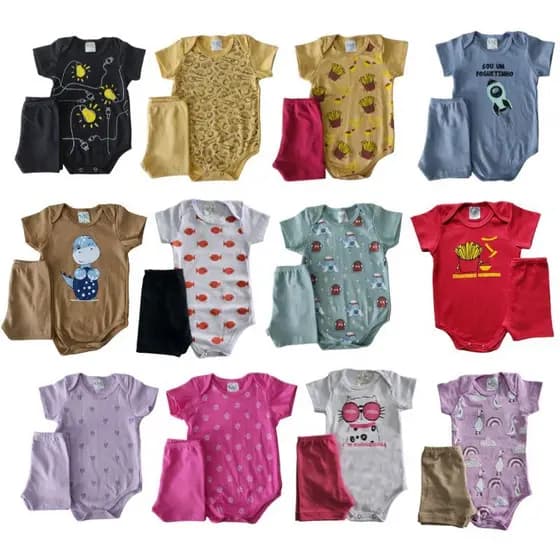 Kit 6 peças 3 conjuntos body bebê manga curta estampado shorts verão menino menina
