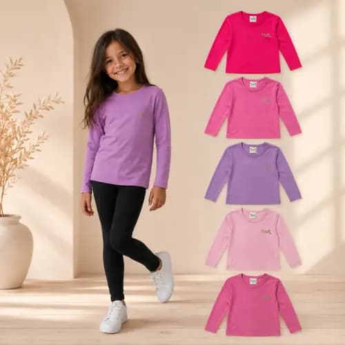 Kit 3 Blusas Manga Longa Infantil Menina Algodão Lisa Feminino Inverno com Termocolante em Glitter
