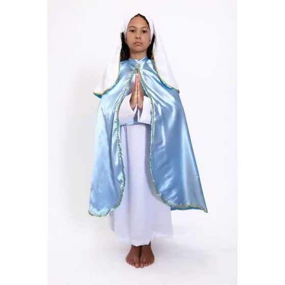 Fantasia Religiosa Nossa Senhora Infantil Azul e Branco com Capa e Véu Luxo - Católica - Catequese -Apresentações Igreja