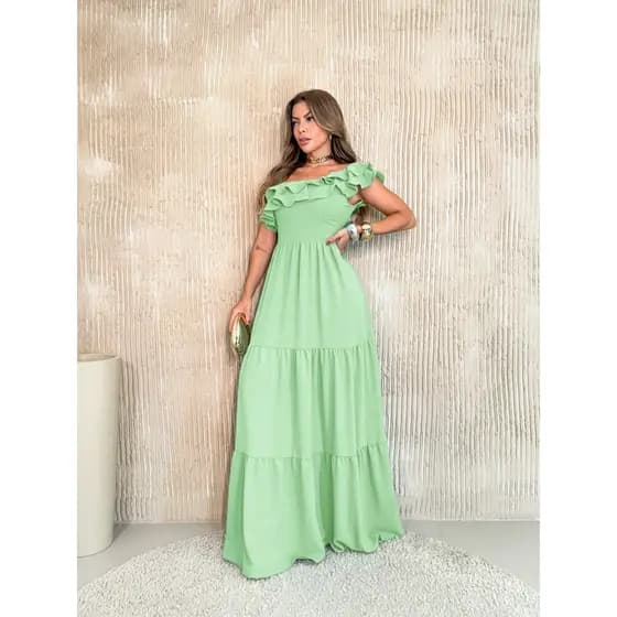 vestido longo babado duna com bojo e forro SP009