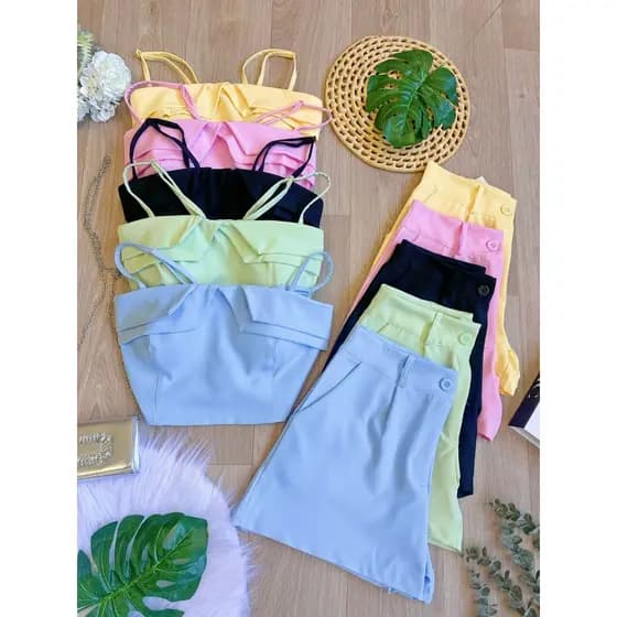 CONJUNTO FEMININO CROPPED E SHORT COM BOJO E BOLSA SP025