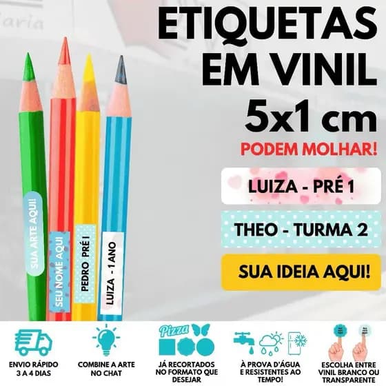 Adesivo Etiqueta Escolar Personalizada papel vinilico colorido ou transparente 5x1 envio imediato