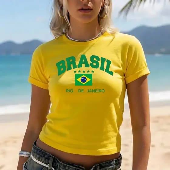 Camiseta Estampada Brasil Rio de Janeiro Bandeira Feminina Manga Curta T-Shirt 100% Algodão Copa do Mundo Torcida