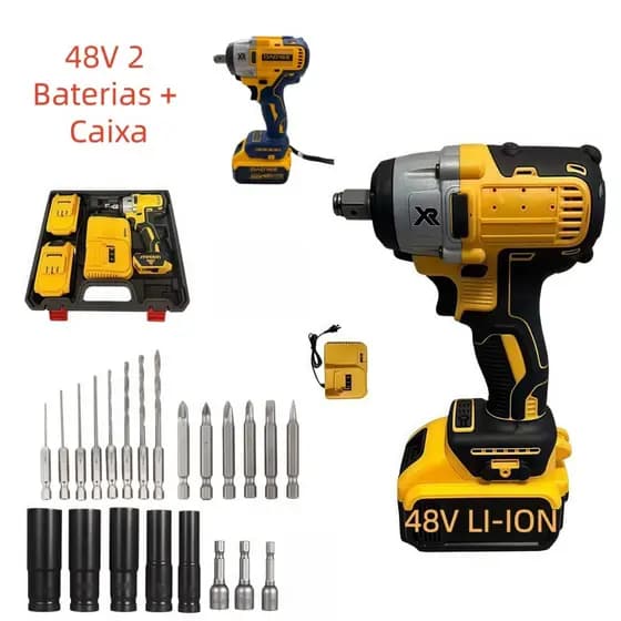Furadeira e Chave De Impacto 10 Núcleos 48v 1 ou 2 Baterias Sem Fio Soquetes com Maleta Profissional+23PCS 330Nm