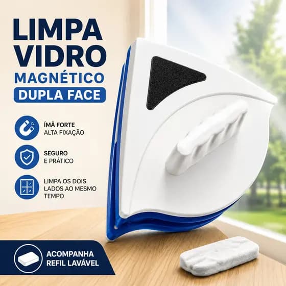 Limpador Magnético de Vidro Dupla Face com Refil Lavável | Limpa Janela Box e Sacada