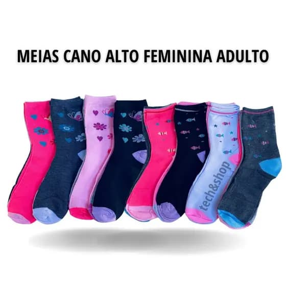 Kit ate 12 Meia Cano Alto Feminino Estampado Adulto 35 ao 40