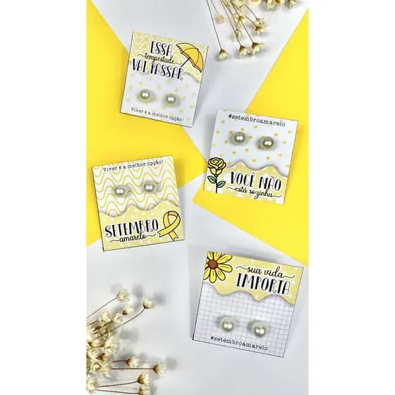 Kit 10/20/30/40 Pares de Brinco Pérola com Card Frases. Mimo, Brinde, Lembrancinhas Setembro Amarelo Envio Imediato.