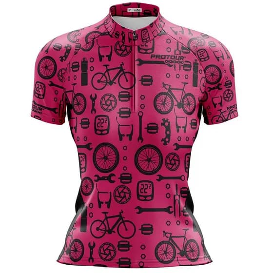 CAMISA CICLISMO FEMININA PRO TOUR PEÇAS ROSA COM BOLSOS UV 50+