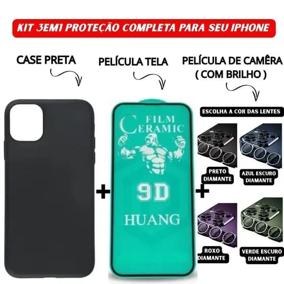 Kit 3 em 1 Case Preta + Película Cerâmica + Lente Câmera Diamante Compatível iPhone 11 12 13 14 15 16 Pro Max royal