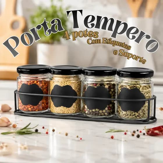 Porta Tempero Condimentos 4 Potes Com Etiquetas e Suporte