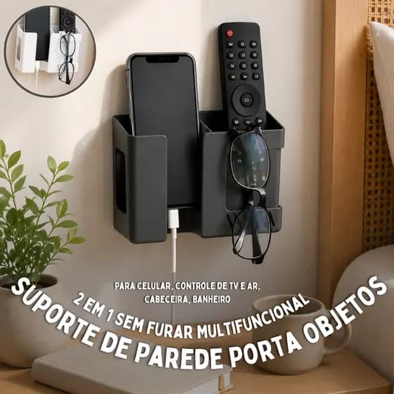 Suporte de Parede Porta Objetos 2 em 1 Sem Furar Multifuncional Para Celular, Controle de TV