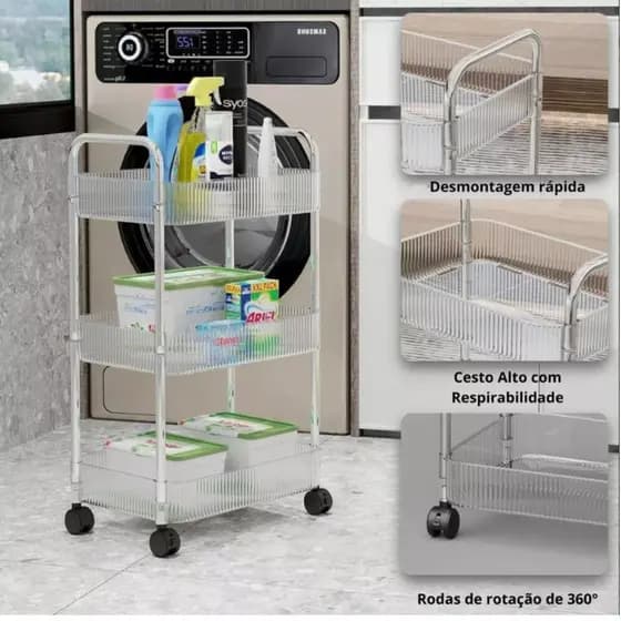Prateleira Carrinho 3 Andares Multiuso Rodinha 360° Premium Metal e Plástico